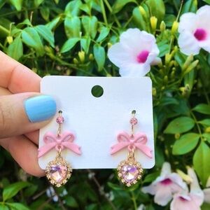 Pink Bow + Rose Pink Crystal Halo Heart Gold Drop Dangle Earrings